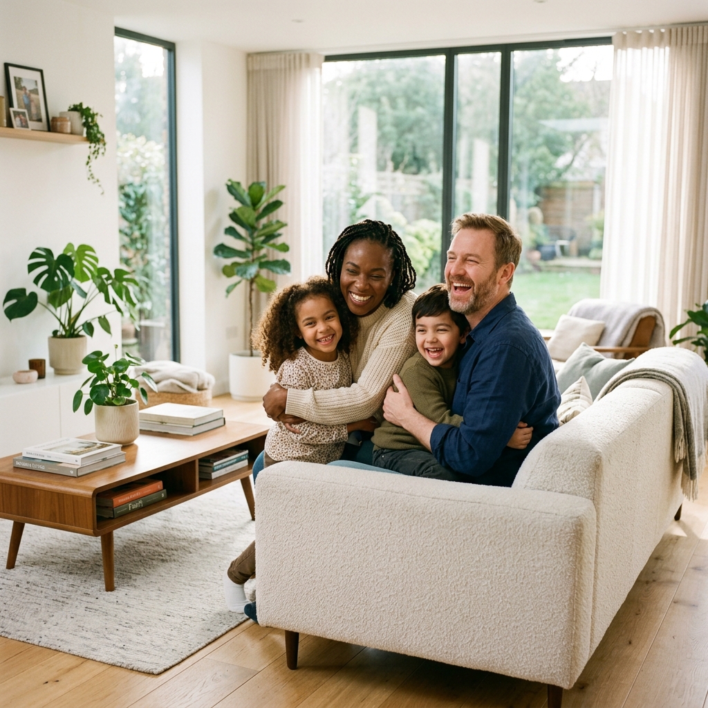 Happy family in their new insured home